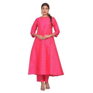 Women Anarkali Stylish Flared Gown with Pant Art Silk Polka Dot Kurti and Pajma